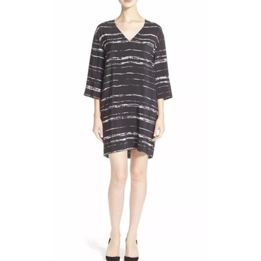 VINCE. Women's Shadow Stripe Shift 100% SILK Mini‎ Dress SMALL/P Black White